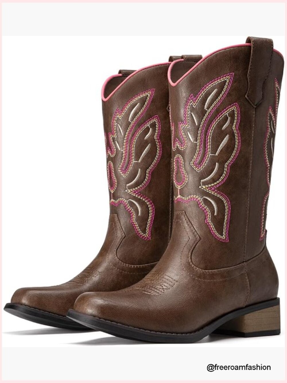 Womens Western Boots Mid Calf Square Toe Chunky Heel Embroidered Pull On Cowboy - Picture 1 of 7